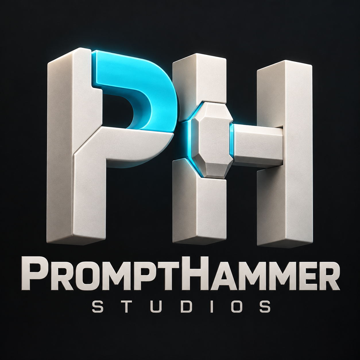 PromptHammer Studios: PH emblem with an integrated hammer and cyan accents